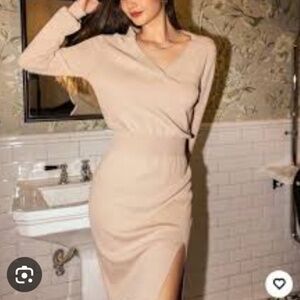 Collar Split Solid Knit Dress SZ S